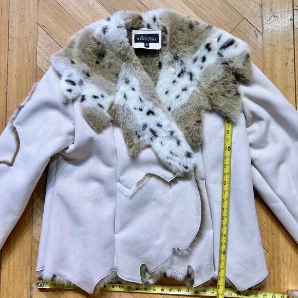 Donna Salyers Fabulous Furs leopard faux shearling suede patchwork jacket wht 2X